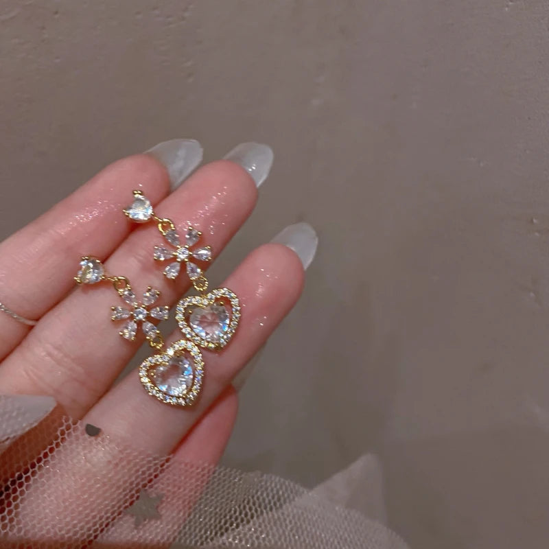 Exquisite Pink Heart Shape Bowknot Stud Earrings For Women Shining CZ Zircon Love Earring Girl Wedding Party Temperament Jewelry