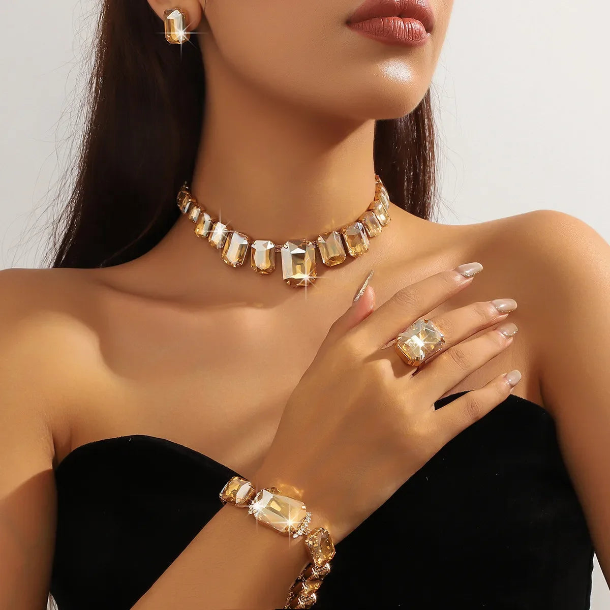 FYUAN Red Champagne Green Rectangle Geometric Necklace Earrings Bracelet Crystal Earrings for Women Wedding Jewelry Sets