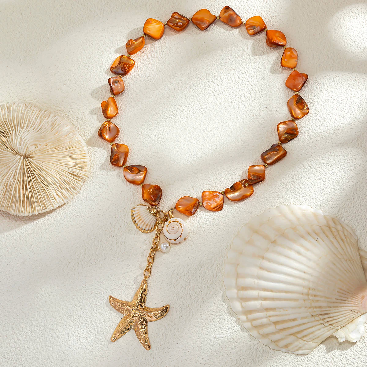 Lacteo Bohemia Orange Geometric Stone Chain Necklace Elegant For Women Gold Color Chunky Thick Star Pendant Ocean Beach Jewelry