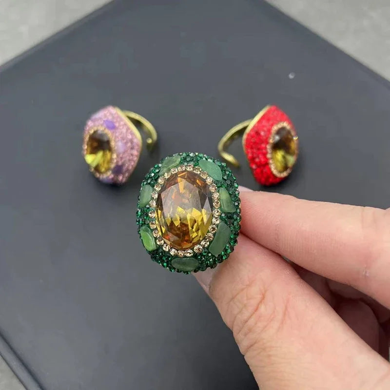 Color Changing Stone Sultainite Natural Tourmaline Edging Finger Rings for Women Sudan Crystal Clay Rhinestone Design Jewelry