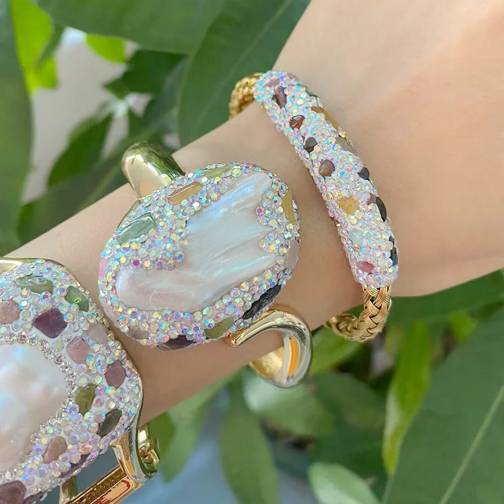 Raw Baroque Freshwater Pearl Open Bangle Women Natural Tourmaline Crystal Cuff Bracelet AB Color Rhinestone Fashion Jewelry