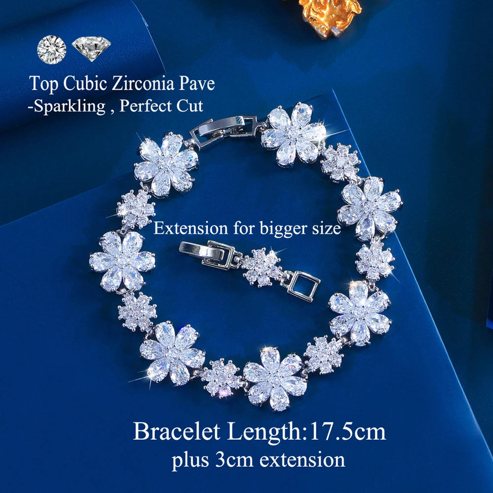 ThreeGraces Fashion Shiny Cubic Zirconia Blue Pink Flower Charms Designer Bridal Bracelet for Women Daily Party Jewelry B608