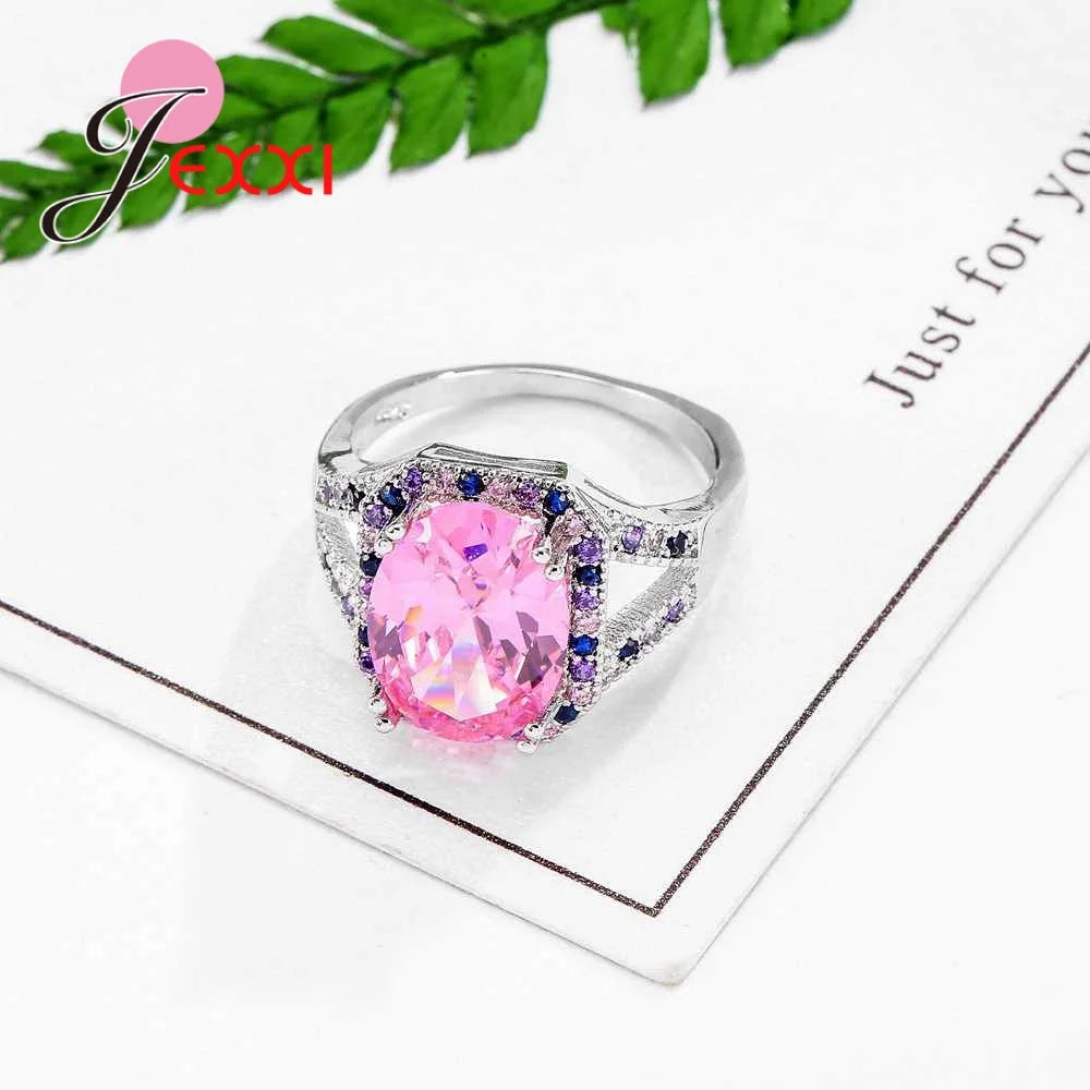 Trendy Colorful Zircon With Big Light Pink Crystal Paved AAA CZ Stones Wedding 925 Sterling Silver Color Rings For Women Part