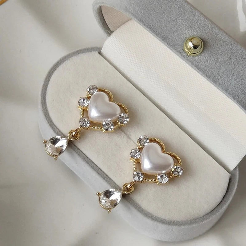 Huitan Sweet Heart Imitation Pearl Drop Earrings with Waterdrop Cubic Zirconia Gold Color Temperament Accessories for Women