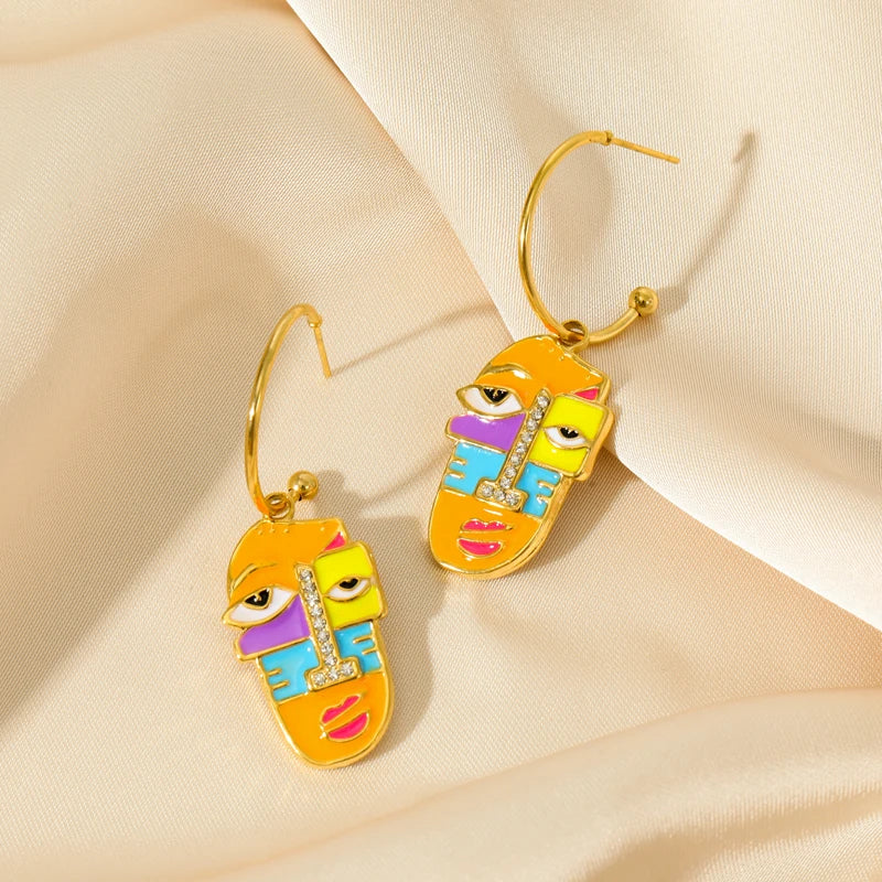 EILIECK 316L Stainless Steel Exaggerated Geometric Funny Face Drop Earrings For Women Girl Fashion Waterproof Ear Jewelry Gift