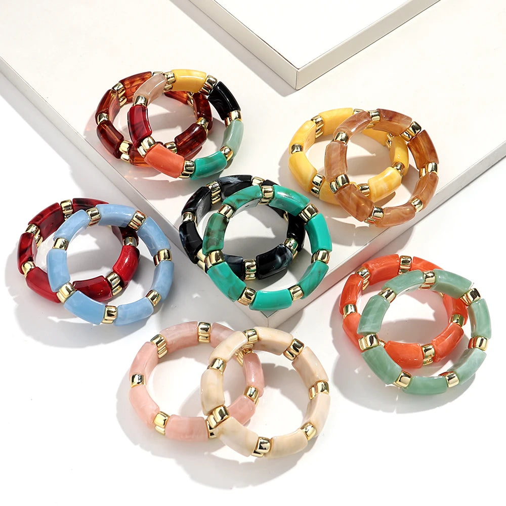 Vintage Acrylic Marbled Elastic Beads Bangle Bracelets for Women Fashion Golden CCB Round Beaded Cuff Bracelet Jewelry Gifts