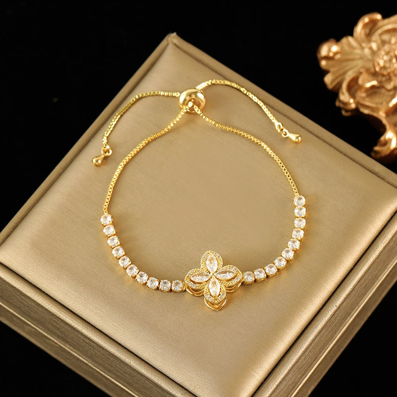 EILIECK New Fashion Stainless Steel Rotating Green Clover Zircon Necklace Bracelet Set For Women Trendy Waterproof Jewelry Gift