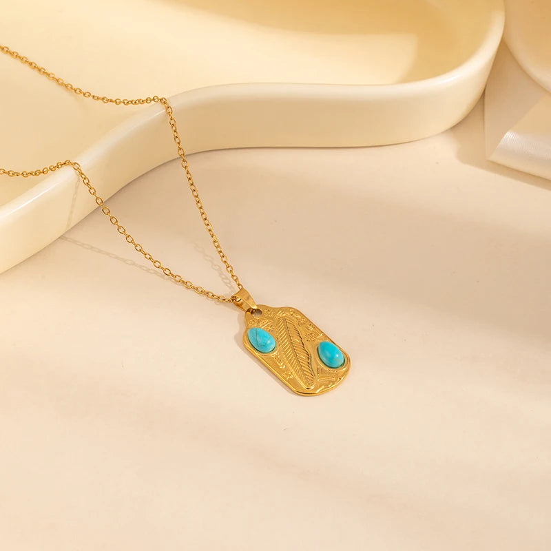 ANENJERY 316L Stainless Steel Turquoise Irregular Geometry Pendant Necklace For Women Boho Retro Personality Jewelry Gifts