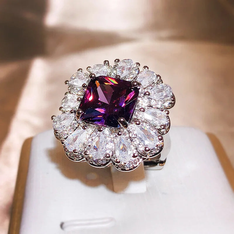 Luxury 925 Silver Brilliant Purple Square Master Zircon Ring Female Inlaid With Water Drop Full Diamond Ring Party Wedding Gift