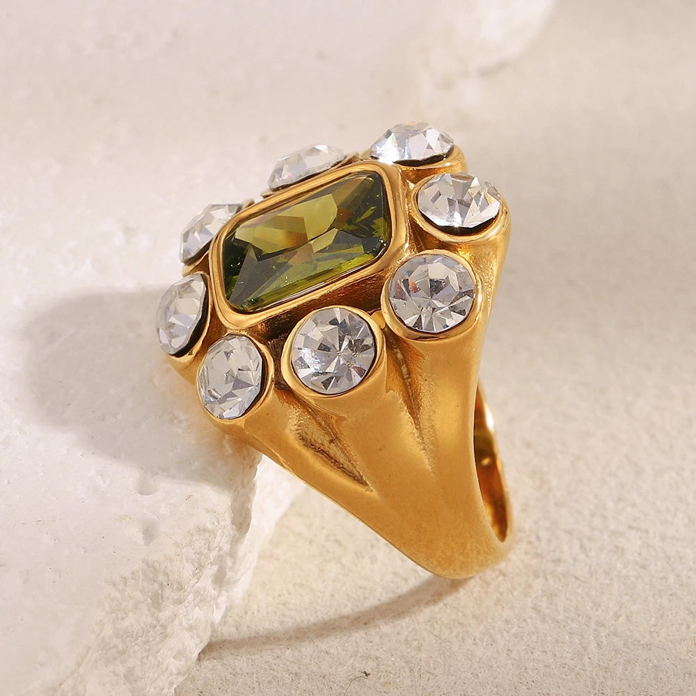 E.B.belle Party Shiny Flower Luxury Clear Green Zircon Ring Stainless Steel PVD Plated Fashion Women Stetement Jewelry