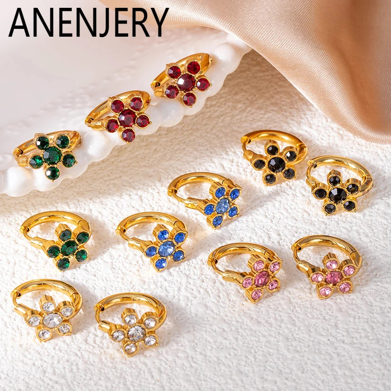 ANENJERY 316L Stainless Steel Colorful Zircon Flower Star Earrings For Women Men Personality French Party Jewelry Gift Wholesale