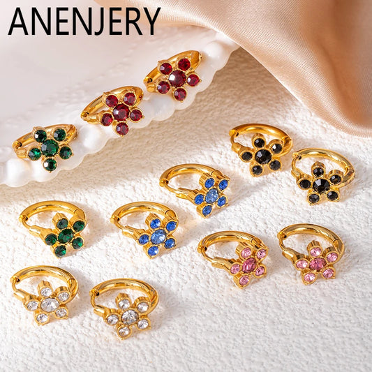 ANENJERY 316L Stainless Steel Colorful Zircon Flower Star Earrings For Women Men Personality French Party Jewelry Gift Wholesale