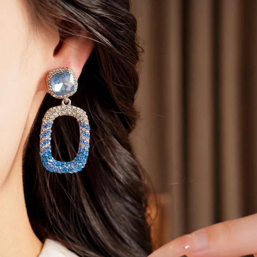 Rhinestone Hollow Square Dangle Earrings Personality Elegant Exquisite Light Luxury High Grade Fashion Ear Jewelry for Women