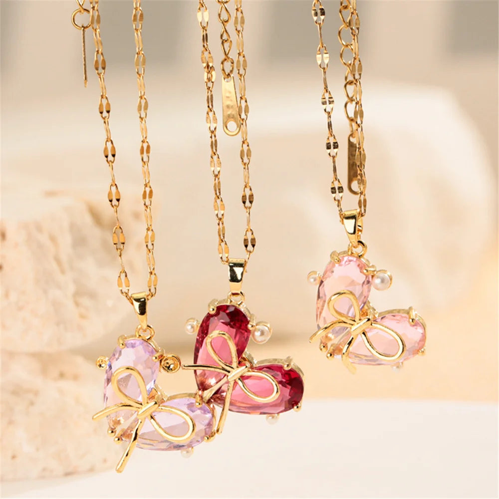 Cute Small Heart Love Bow Charm Female Pink Purple Zircon Fashion Pendant Necklace Gold Color Wedding Jewelry For Luxury Women