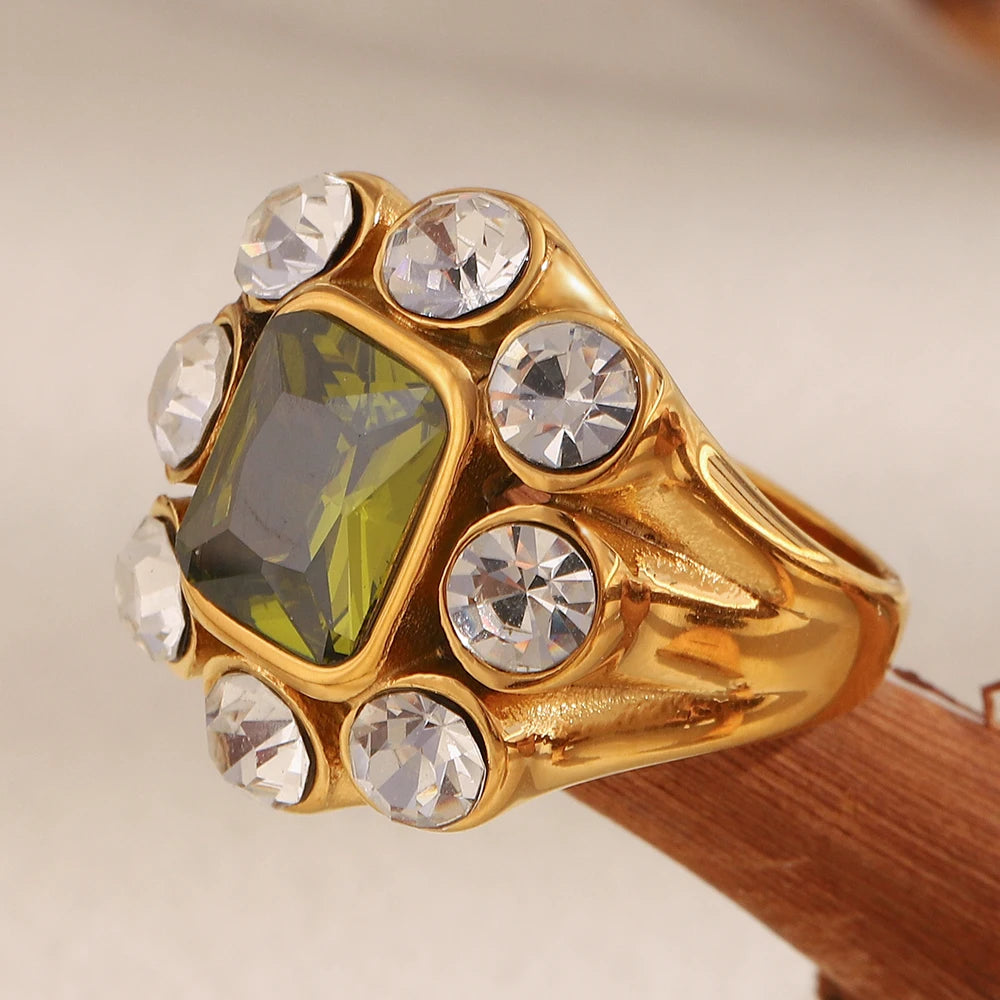 E.B.belle Party Shiny Flower Luxury Clear Green Zircon Ring Stainless Steel PVD Plated Fashion Women Stetement Jewelry