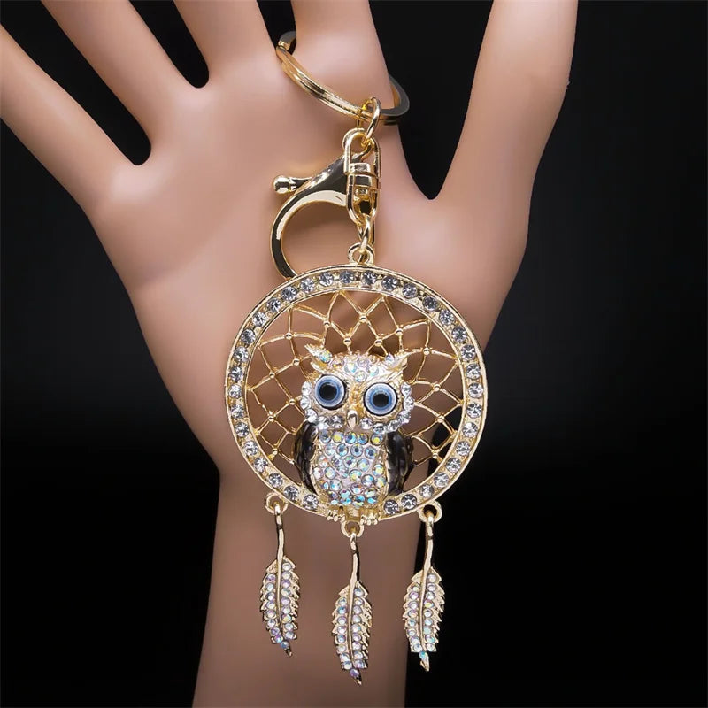 Shinny Crystal Owl Dreamcatcher Feather Keychain for Women Alloy Rhinestone Dream Catcher Animal Key Ring Bag Jewelry K9034S05