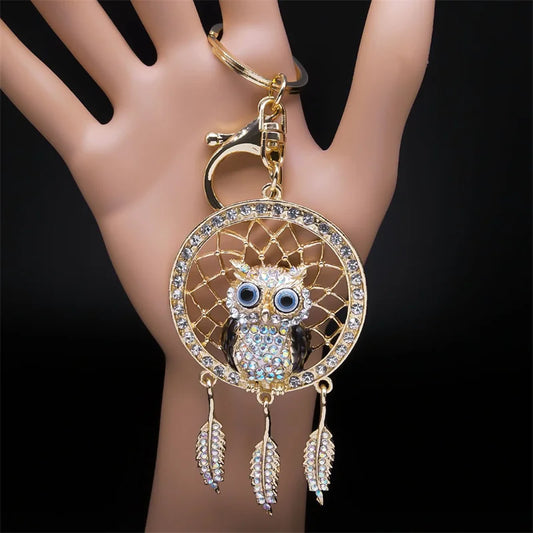 Shinny Crystal Owl Dreamcatcher Feather Keychain for Women Alloy Rhinestone Dream Catcher Animal Key Ring Bag Jewelry K9034S05