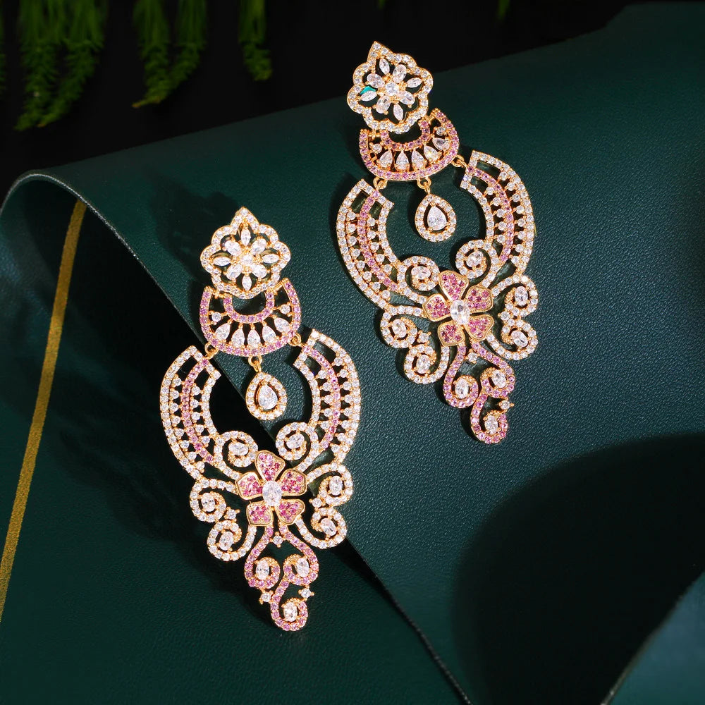 ThreeGraces Vintage Pink Zirconia Luxury Long Big Dangle Earrings for Women Delicate Wedding Evening Party Jewelry E1764