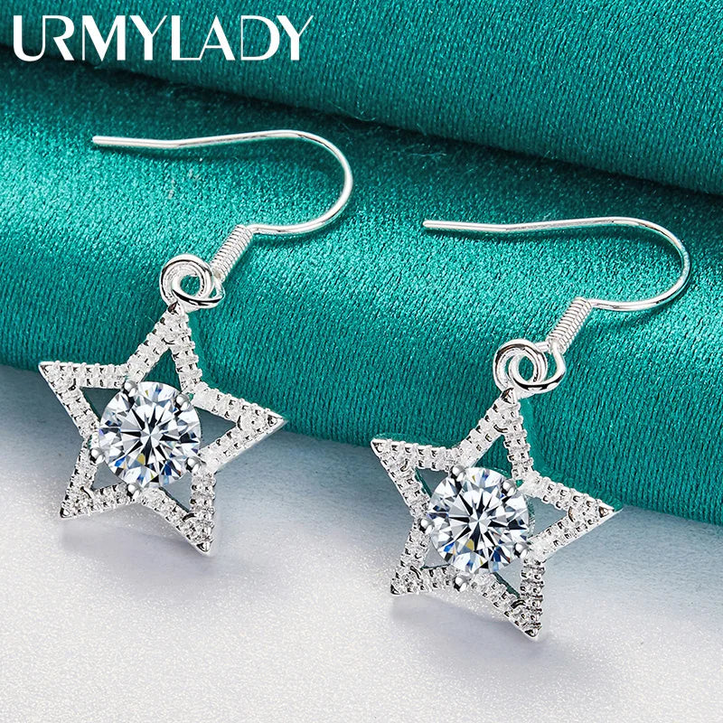 URMYLADY 925 Sterling Silver Star Zircon Earrings Eardrop for Women Fashion Charm Wedding Engagement Jewelry