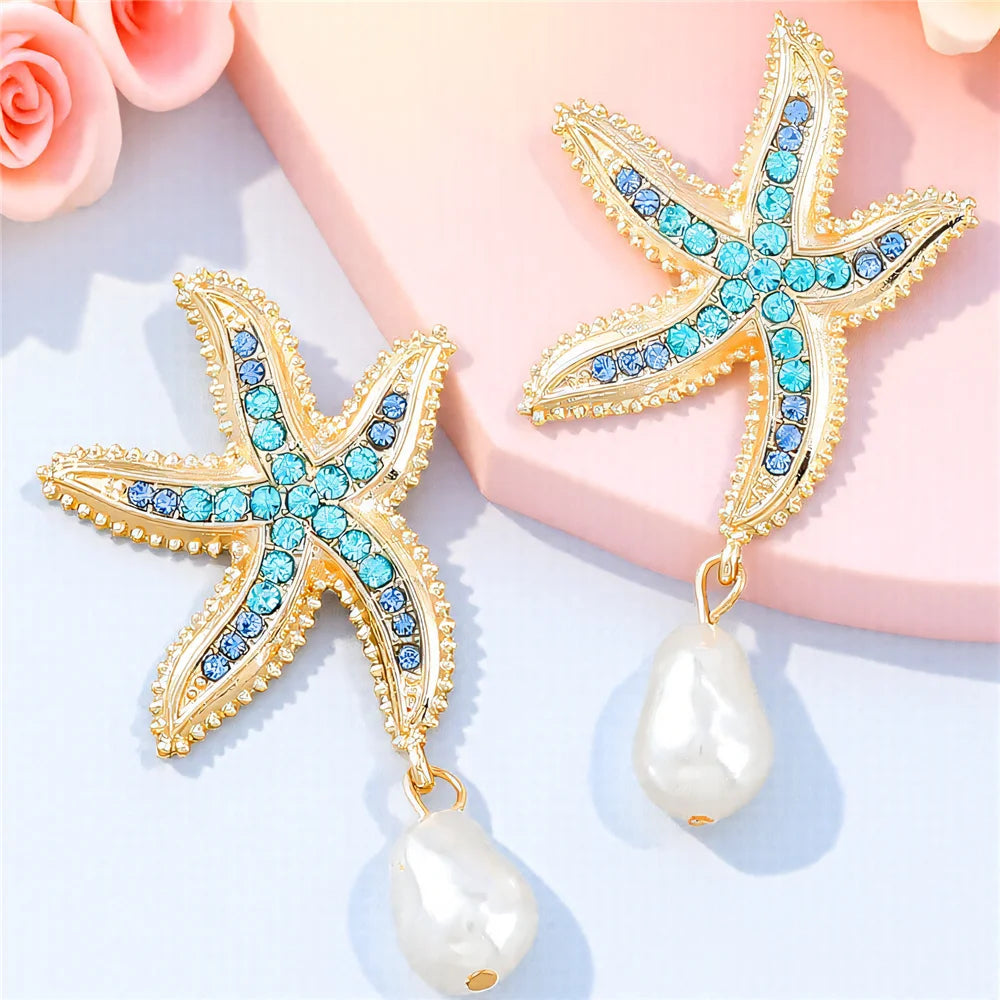 Luxury Female Crystal Blue Stone Gold Color Stud Earrings Cute Bridal Starfish Wedding Jewelry For Women