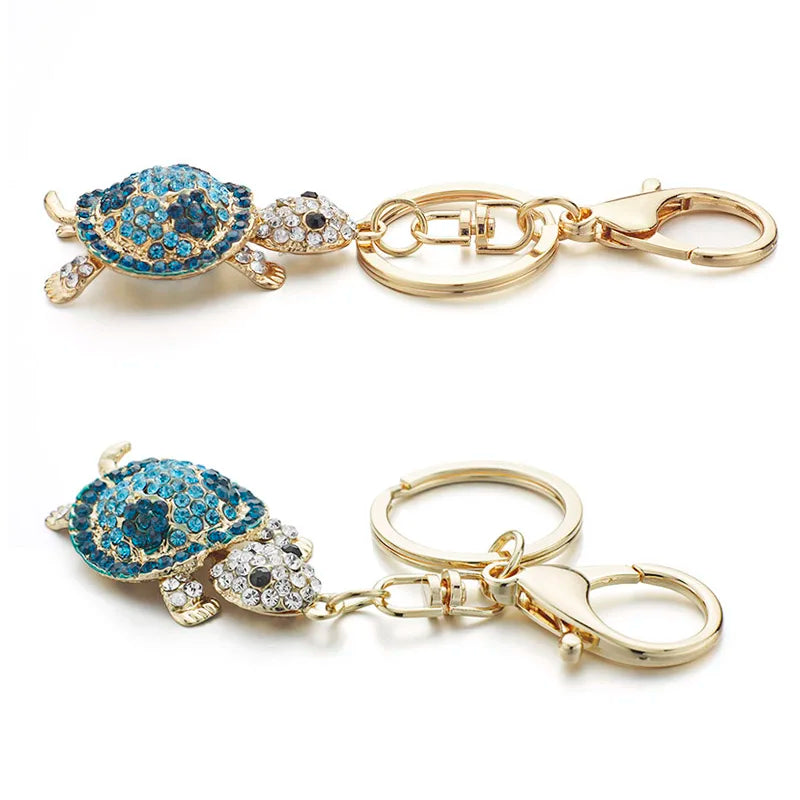 Dalaful Novelty Crystal Rhinestone Tortoise Keyrings Key Chains Holder For Car Purse Bag Pendant Buckle Fashion Keychains K233