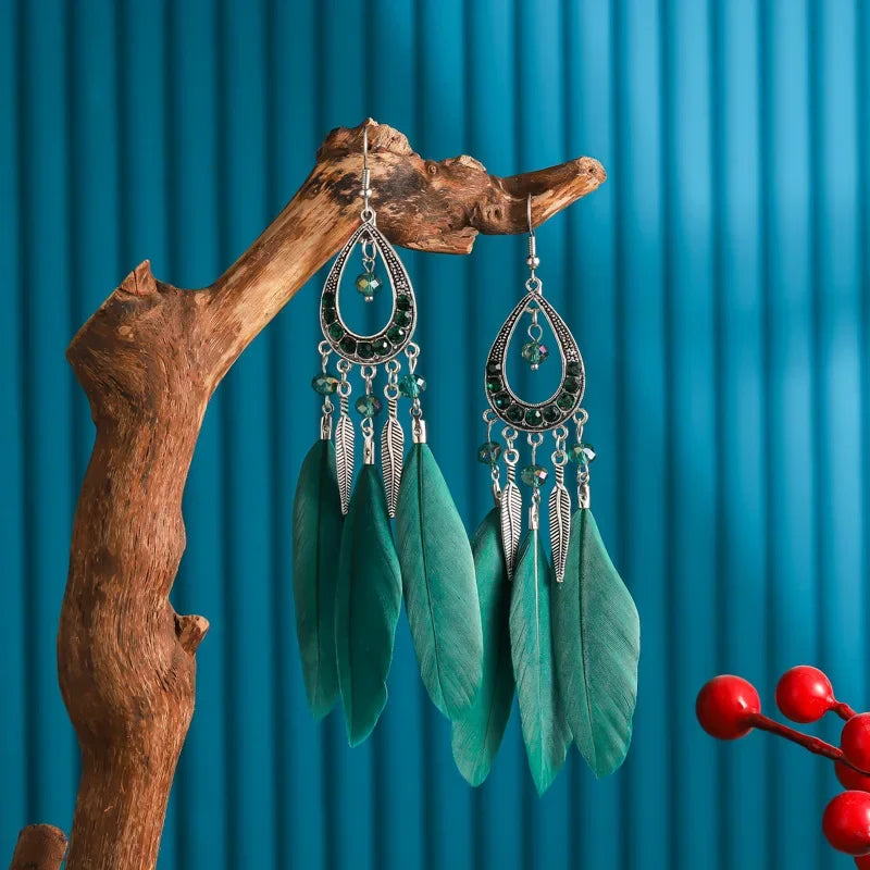 Bohemian Women Handmade Earrings For Female Colorful Long Feather Crystal Drop Tassel Dangle Earring Ladies Boho Jewelry Gift