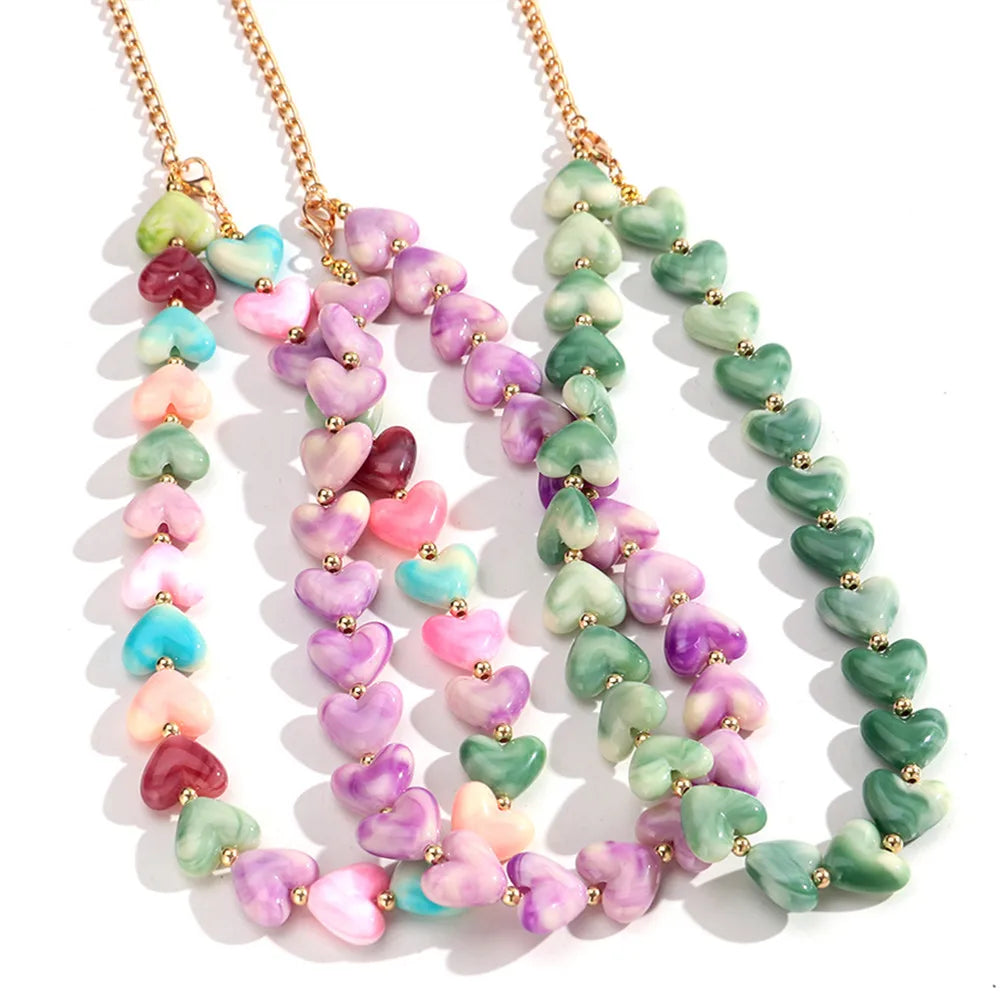 New Colorful Acrylic Geometric Heart Beaded Necklace Bracelet Set Fashion Love Heart Beads Choker Necklace Women Jewelry Gifts