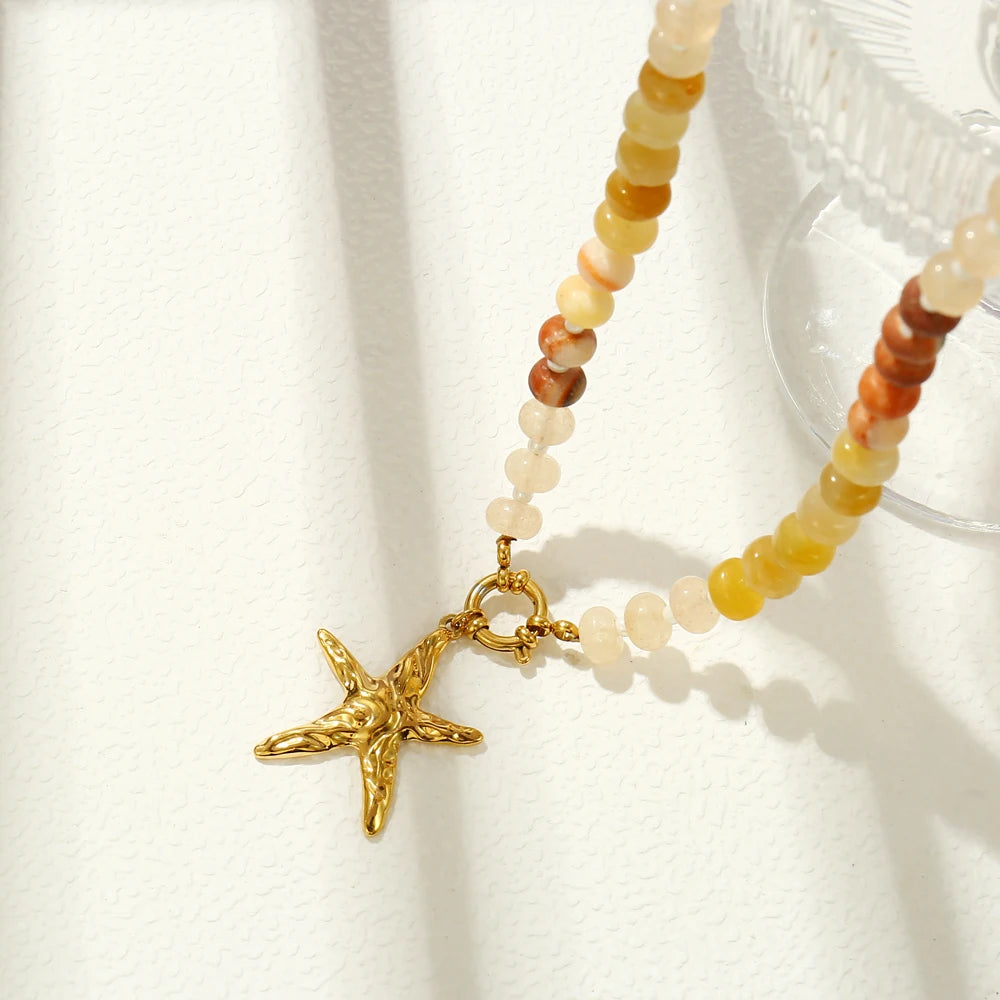 Badu Summer Colorful Natural Stone Beads Stainless Steel Starfish Pendant Necklace for Women Bohemia Beach Jewelry Waterproof