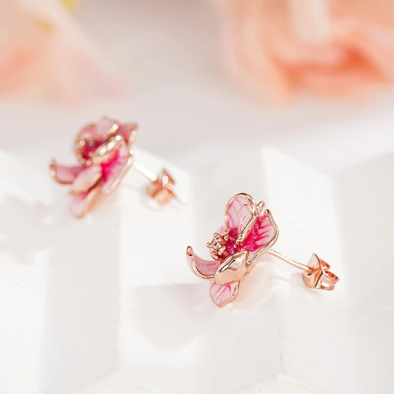 Huitan Aesthetic Women Stud Earrings Pink Flower Shaped Party Daily Lady Accessories Wedding Elegant Trendy Jewelry with CZ