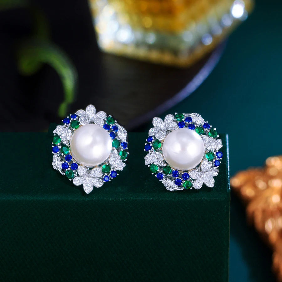ThreeGraces Delicate Shiny Green Blue Zirconia Big Simulated Pearl Bridal Wedding Stud Earrings for Women Party Jewelry E2025