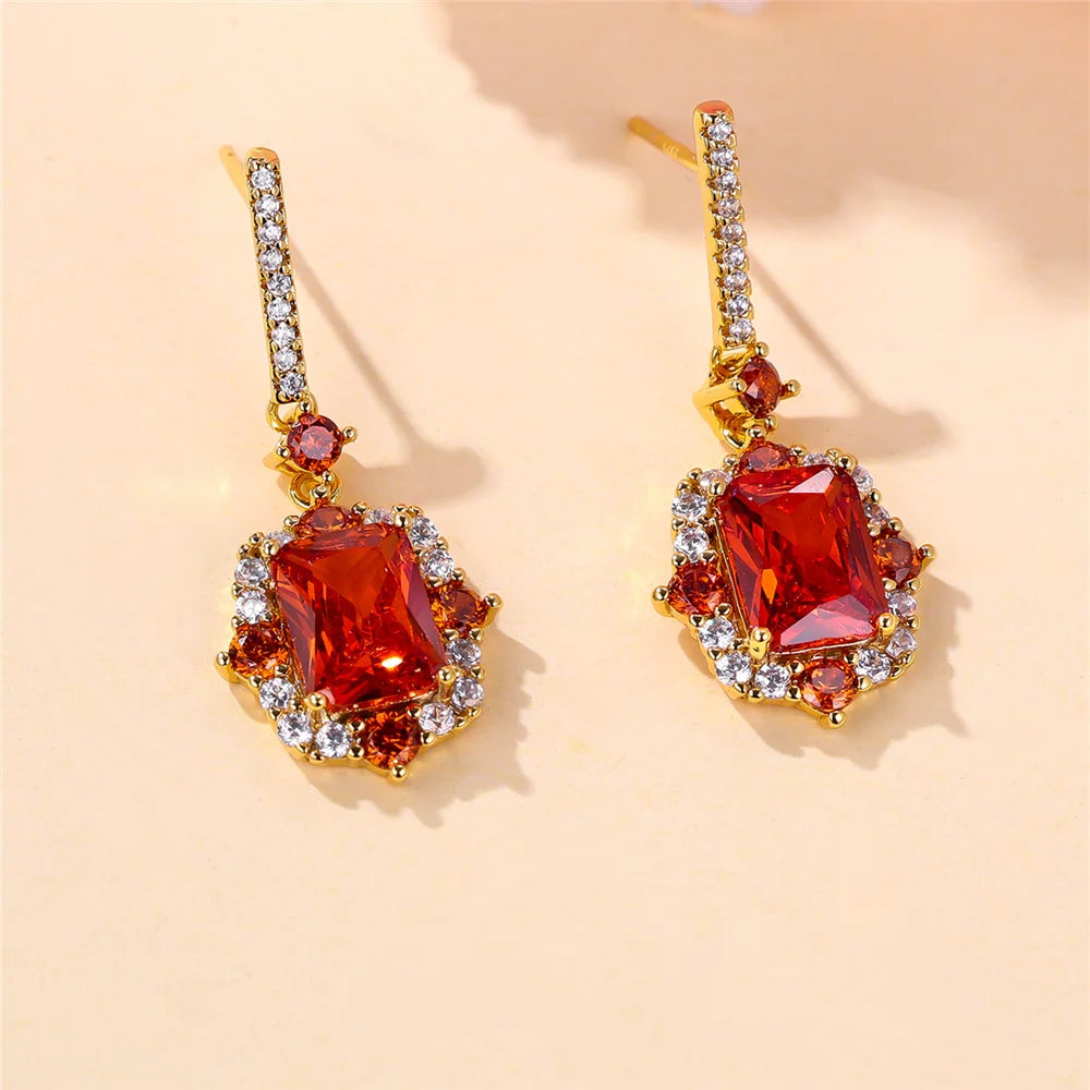 Luxury Female Purple Red Square Zircon Stone Drop Dangle Earrings Unique Gold Color Evening Jewelry For Women