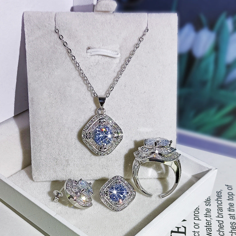925 sterling silver square ZC ring full ZC micro inlaid earrings pendant clavicle necklace three-piece jewelry set party gift