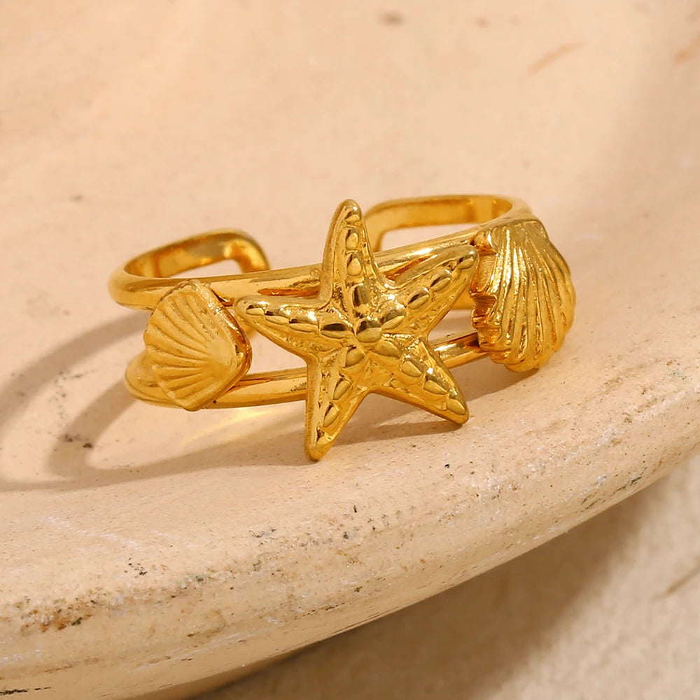 E.B.belle Ocean Style Double Layer Starfish Shell Opening Ring For Women Stainless Steel Gold Plated Vacation Chic Jewelry