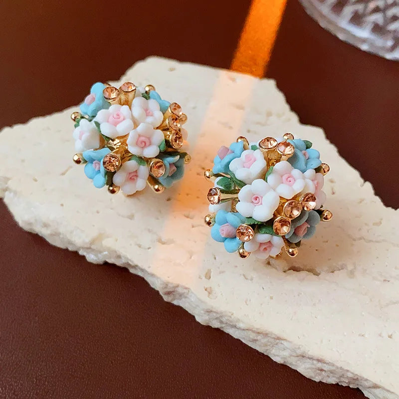 Pink Rhinestone Ceramic Flower Ball New in Stud Earrings for Women Temperament Versatile Earring Luxury Silver Jewelry Wholesale