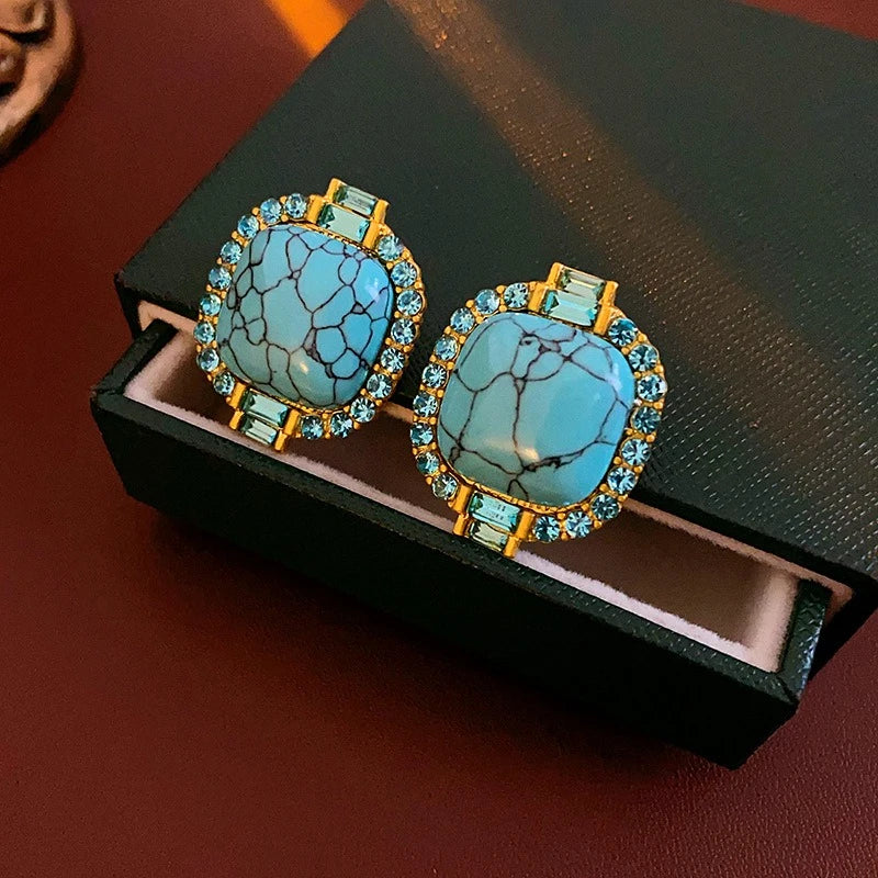 Exquisite Artificial Blue Turquoise Stone Stud Earings Retro Round Square Rhinestones Ear Stud for Lady High-end Jewelry Gift N1