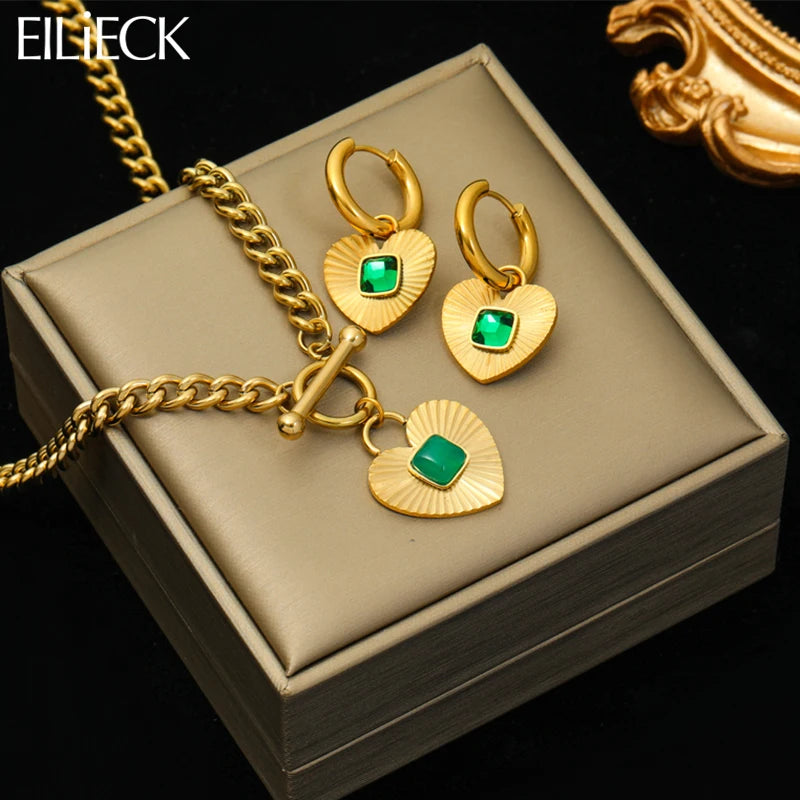EILIECK 316L Stainless Steel Heart Love Green Crystal Pendant Necklace Earrings for Women Fashion Punk Jewelry Set Gift Party