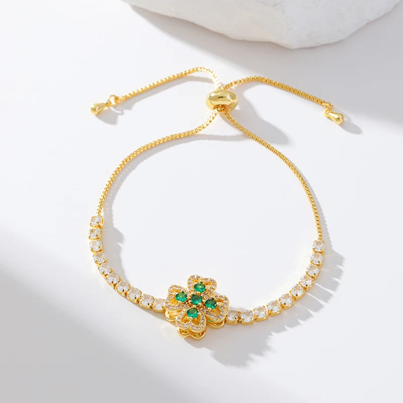 EILIECK New Fashion Stainless Steel Rotating Green Clover Zircon Necklace Bracelet Set For Women Trendy Waterproof Jewelry Gift