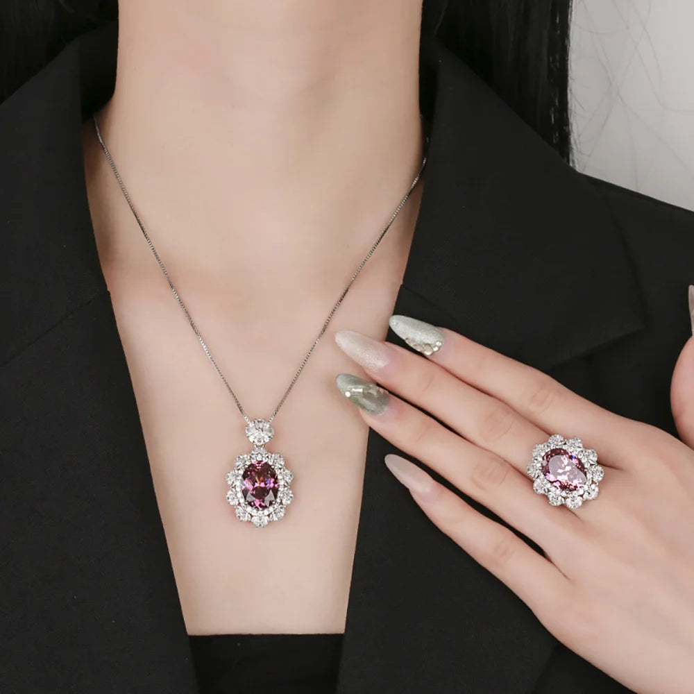 New Vintage 12*16mm Amethyst  Pink Quartz Pendant Necklace Rings for Women Gemstone Lab Diamond Party Jewelry Sets Birthday Gift