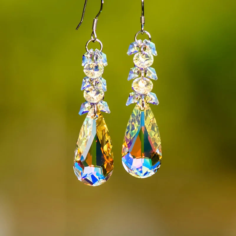 Fashion Long Tassel AB Color Crystal Dangling Earrings for Women Temperament Elegant Engagement Party Jewelry Gifts