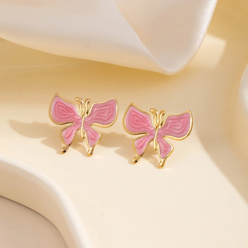 ANENJERY 316L Stainless Steel Drop Oil Butterfly Stud Earrings For Women Delicate Elegant Vintage French Jewelry Gifts Wholesale