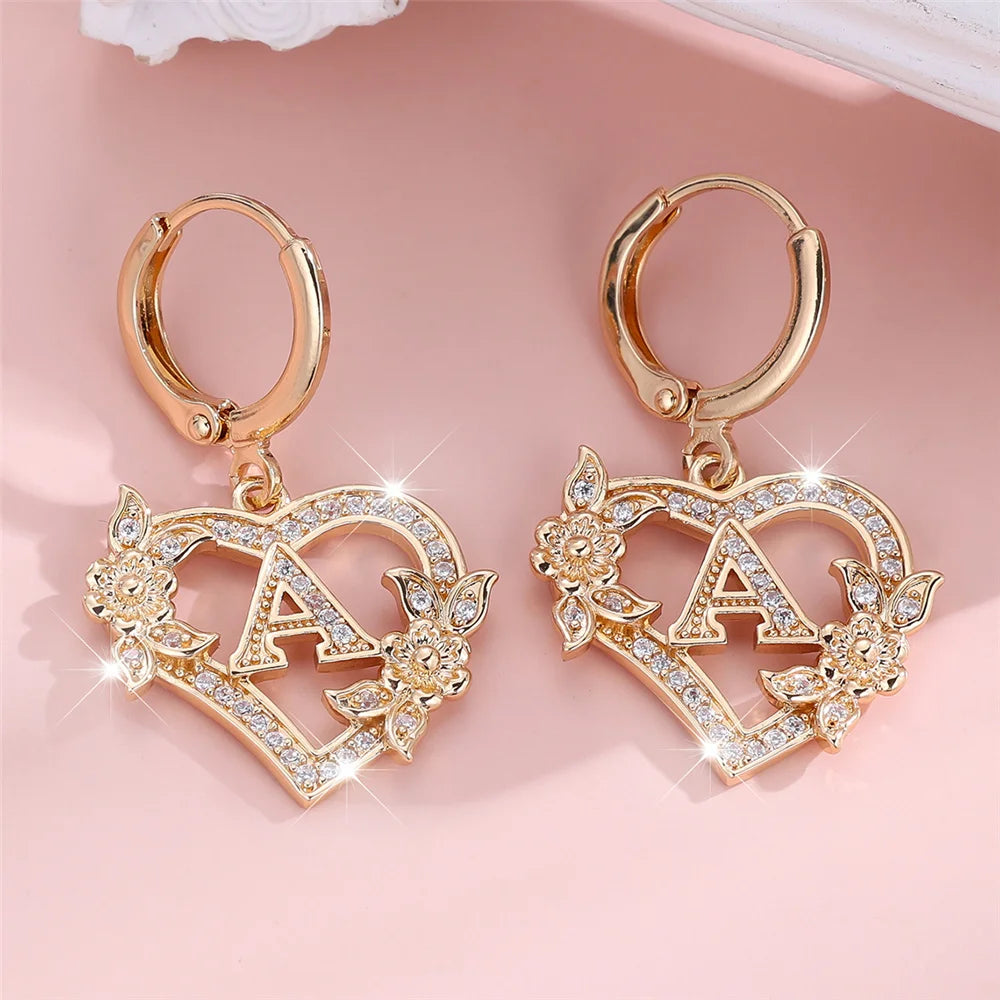Female A-Z 26 Letter Heart Flower Hoop Earrings Yellow Gold Color White Zircon Wedding Jewelry For Women