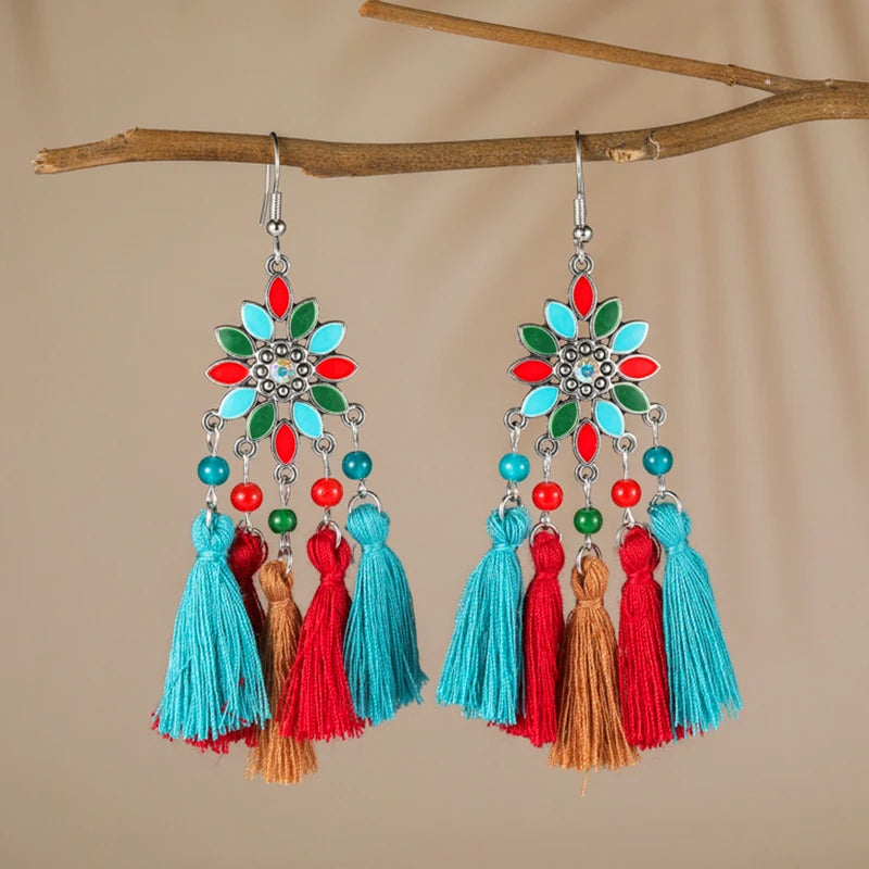 Classic Ethnic Tassel Earrings for Women Bohemian Enamel Flower Crystal Handmade Earring Female DailyVacation Jewelry