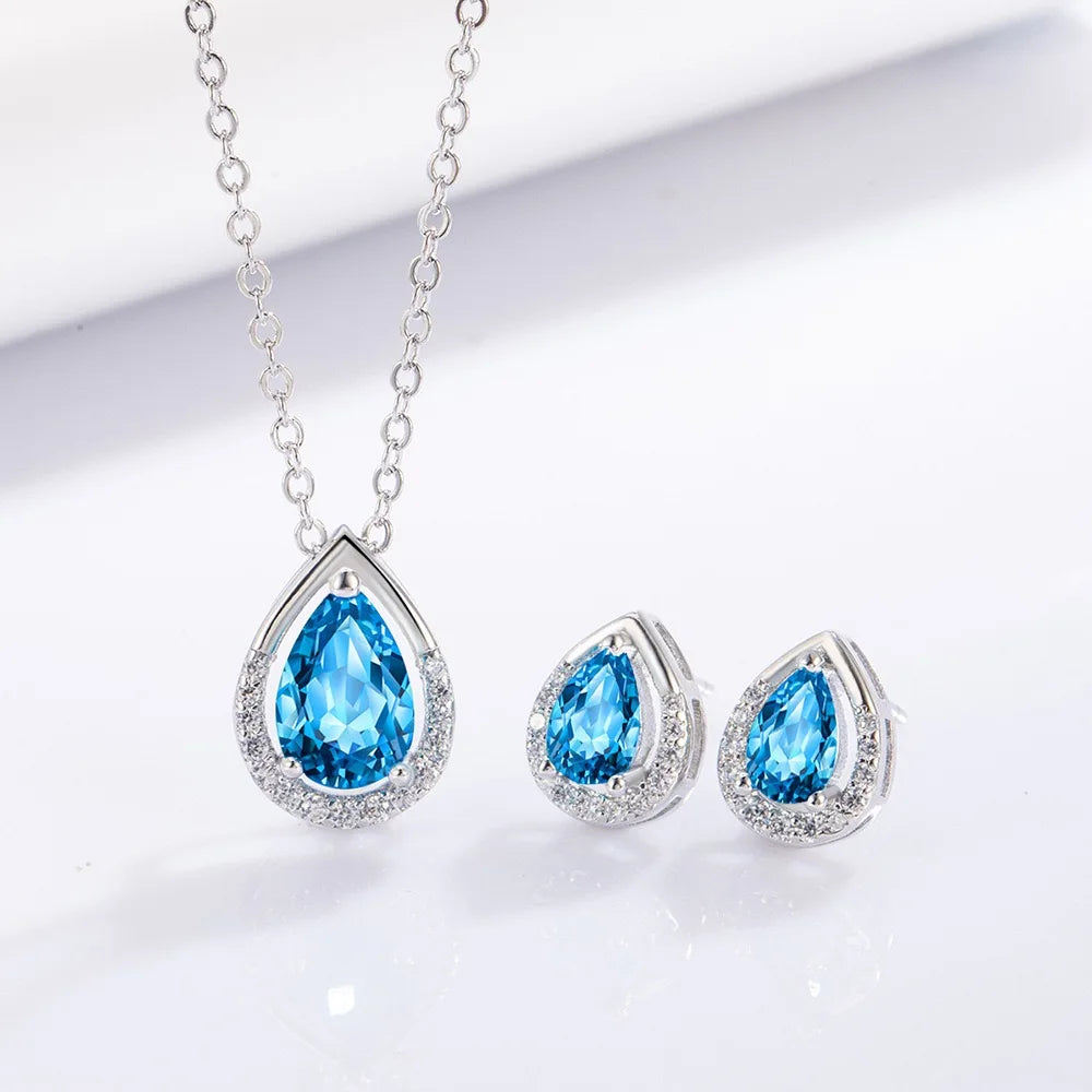 925 Sterling Silver Teardrop Shape Blue CZ Pendant Necklace Earrings Set for Women Wedding Necklace Gift Jewelry