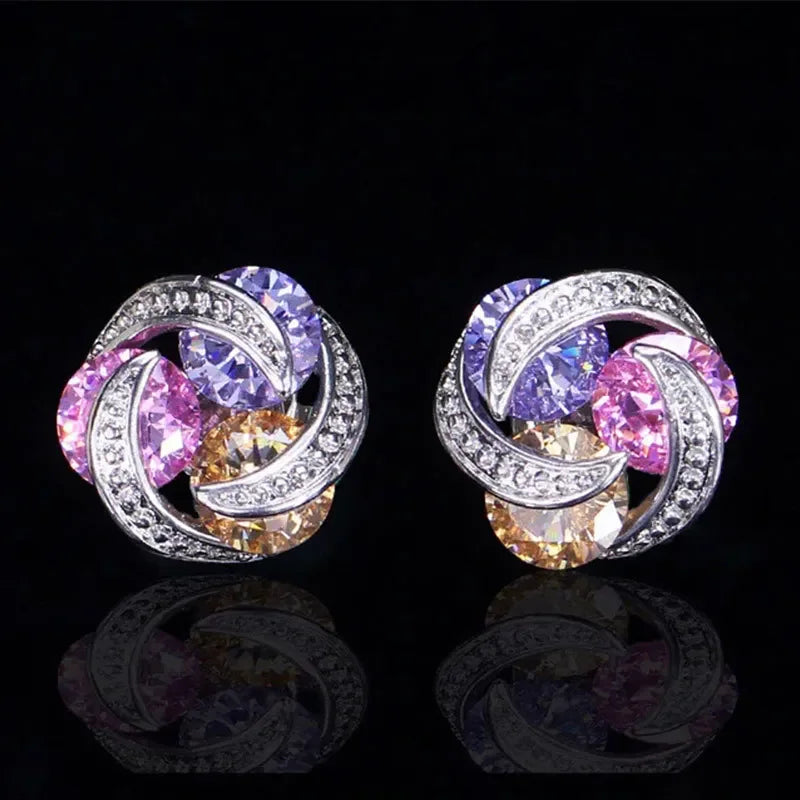 Luxury 925 Sterling Silver Twist Pink Yellow Multicolor Mosaic Zircon Stud Earrings for Women Girls Gift Oorbellen Pendientes