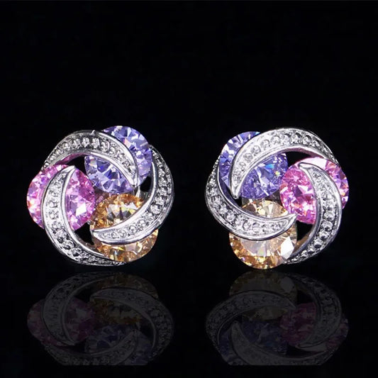 Luxury 925 Sterling Silver Twist Pink Yellow Multicolor Mosaic Zircon Stud Earrings for Women Girls Gift Oorbellen Pendientes