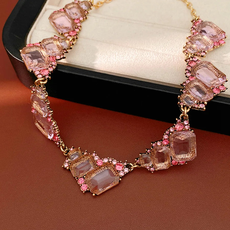 1 Pcs Purple Square Rhinestones Chokers Necklaces Retro Shiny Geometric Drop Earring Luxury Jewelry Set Gifts Wedding Party N