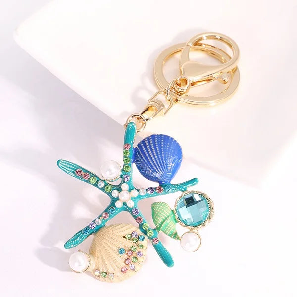 EASYA 2 Colors Sea World Crystal Starfish Keychain Fashion Simulated Pearl Shell Keyring Holders For Women Bag Car Key Chains