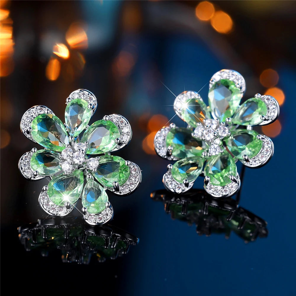 Cute Female Green Zircon Flower Stud Earrings Silver Color Wedding Jewelry For Women