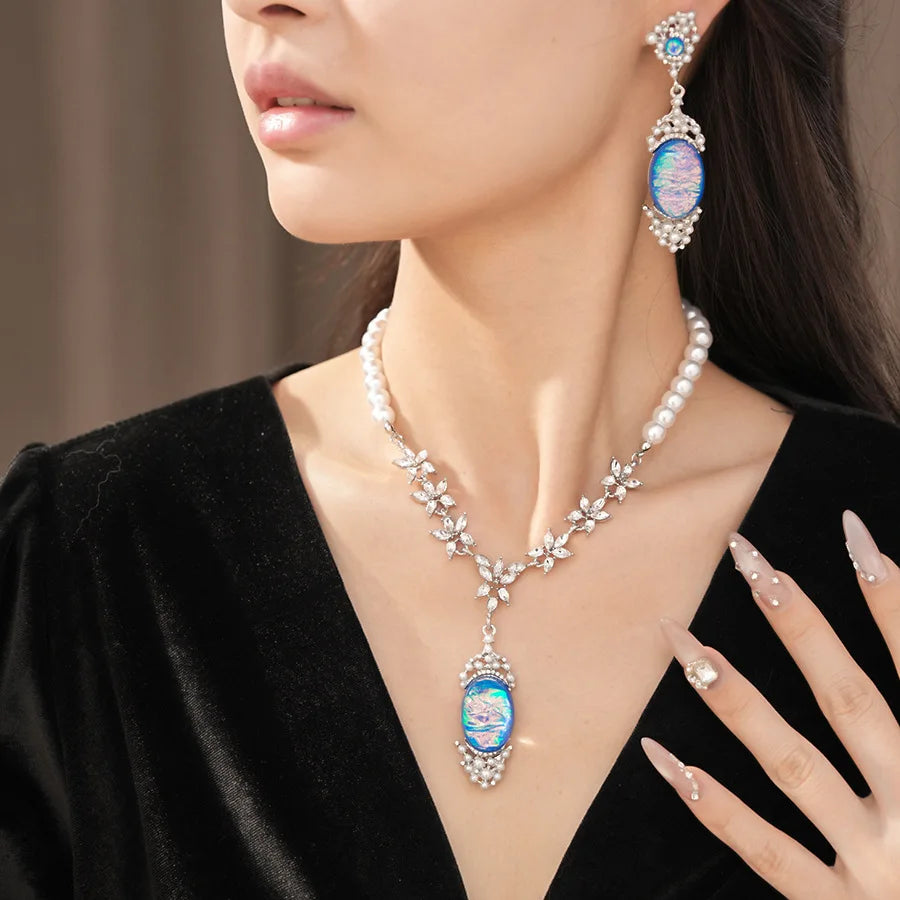 Imitation Pearl Necklace Drop Earrings Oval Shaped Pendant Necklace Earring Women's Fashion Rhinestone Party Jewelry Set  K