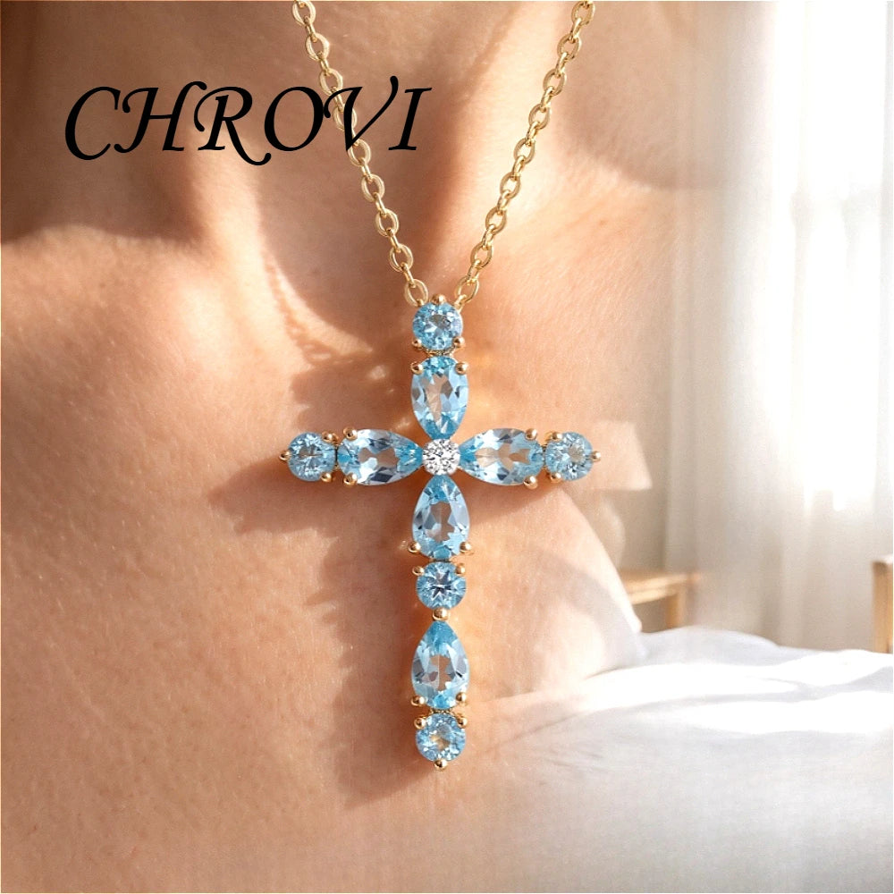 Luxury-Style 925 Sterling Silver Topaz Natural Colored Gemstone Cross Beaded Necklace for Women, Around the Neck